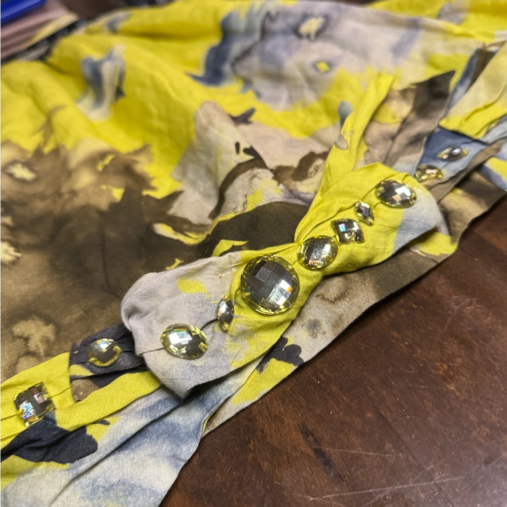 Teri Jon Yellow Abstract WaterColor Blue  Floral A-Line Skirt with Gems 💎 Size 8